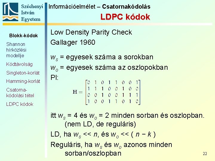 Széchenyi Információelmélet – Csatornakódolás István LDPC kódok Egyetem Blokk-kódok Shannon hírközlési modellje Kódtávolság Singleton-korlát