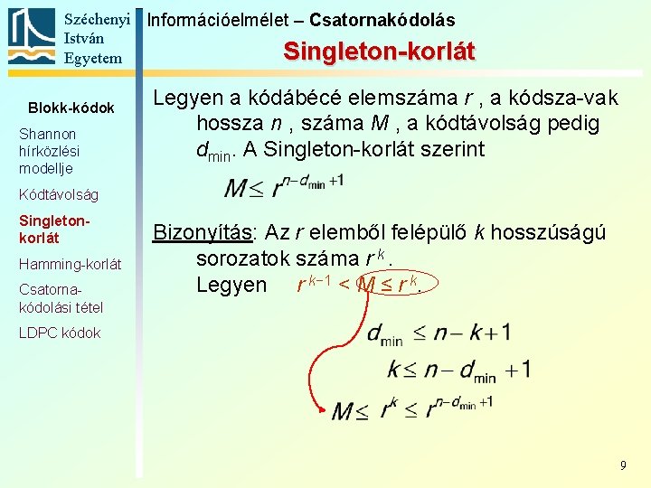 Széchenyi Információelmélet – Csatornakódolás István Singleton-korlát Egyetem Blokk-kódok Shannon hírközlési modellje Legyen a kódábécé