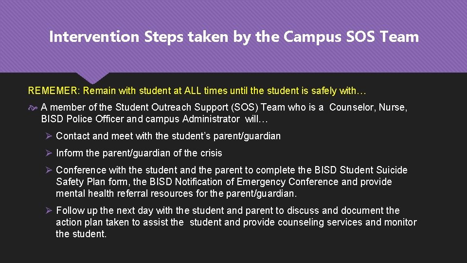 Intervention Steps taken by the Campus SOS Team REMEMER: Remain with student at ALL