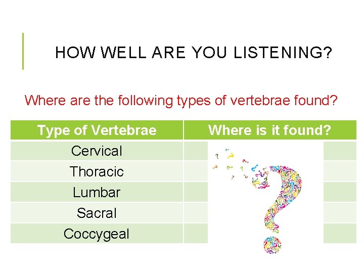 HOW WELL ARE YOU LISTENING? Where are the following types of vertebrae found? Type