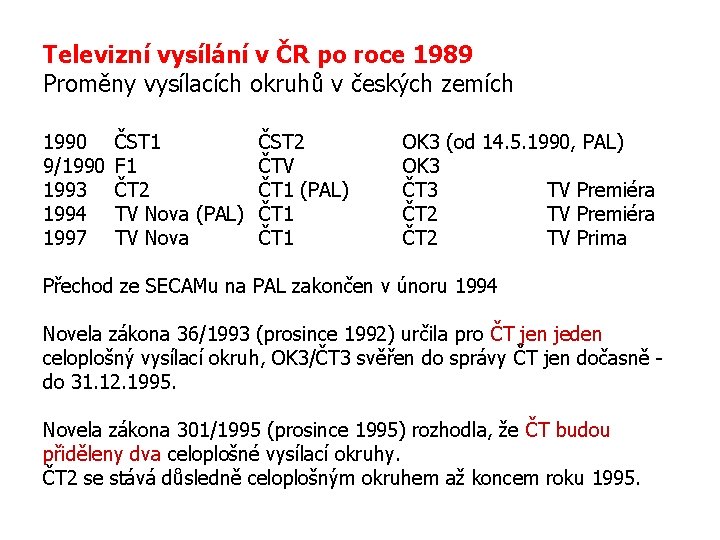 Televizní vysílání v ČR po roce 1989 Proměny vysílacích okruhů v českých zemích 1990