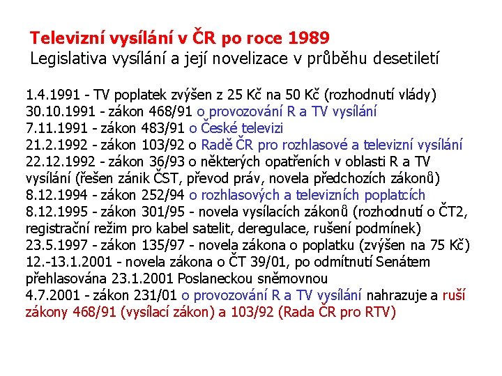 Televizní vysílání v ČR po roce 1989 Legislativa vysílání a její novelizace v průběhu