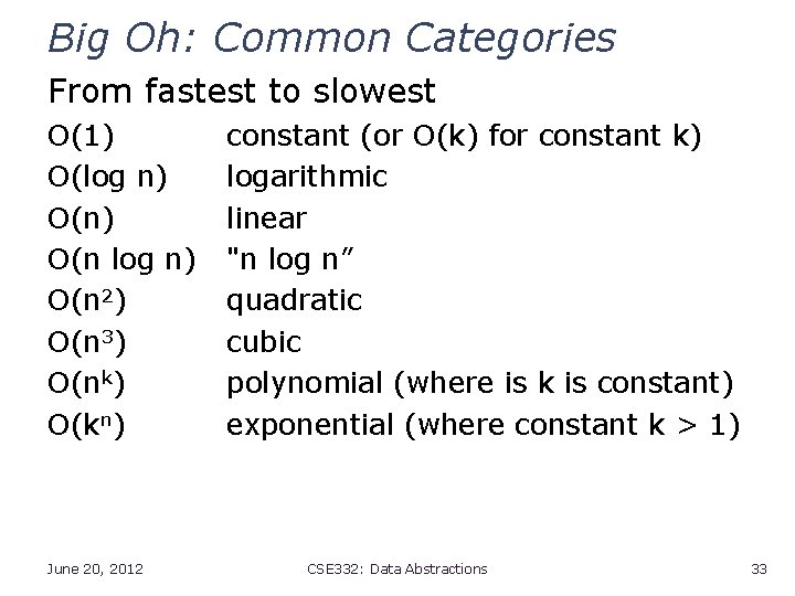 Big Oh: Common Categories From fastest to slowest O(1) O(log n) O(n 2) O(n