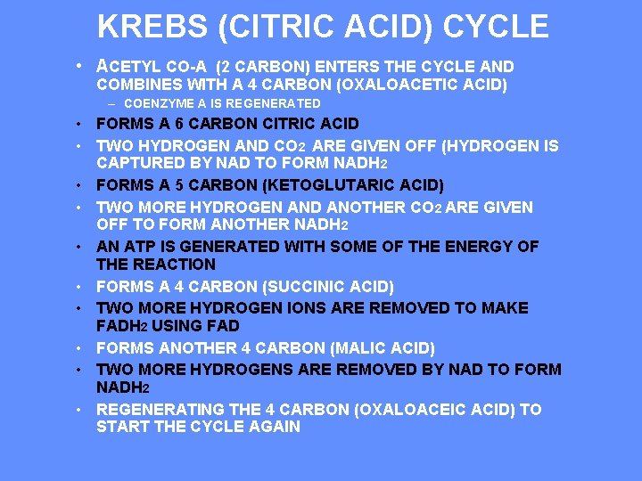 KREBS (CITRIC ACID) CYCLE • ACETYL CO-A (2 CARBON) ENTERS THE CYCLE AND COMBINES