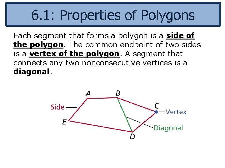 6. 1: Properties of Polygons Each segment that forms a polygon is a side