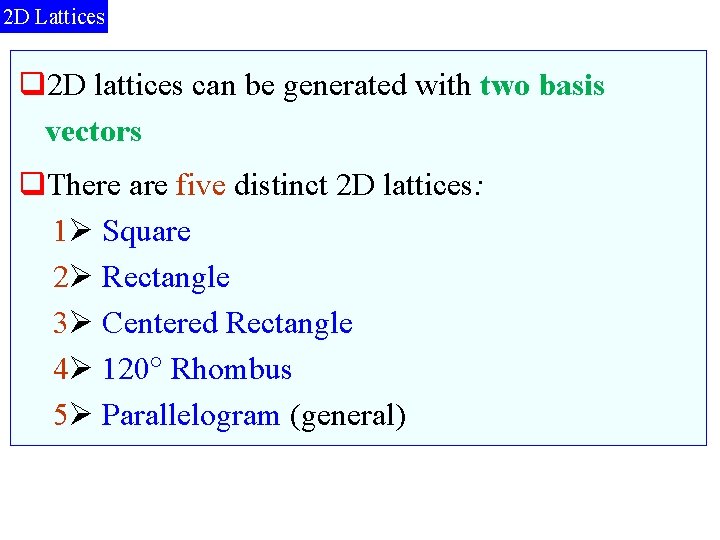 2 D Lattices q 2 D lattices can be generated with two basis vectors