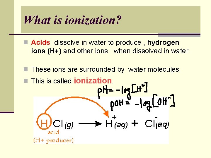 What is ionization? n Acids dissolve in water to produce , hydrogen ions (H+) What is ionization? n Acids dissolve in water to produce , hydrogen ions (H+)