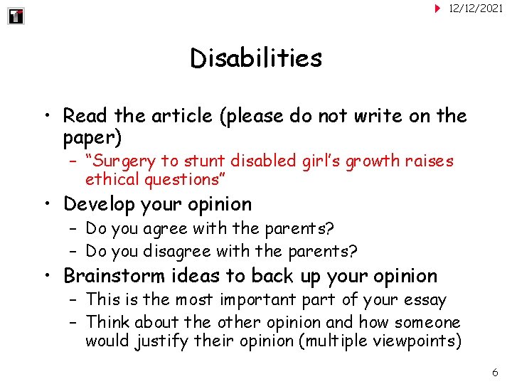12/12/2021 Disabilities • Read the article (please do not write on the paper) –