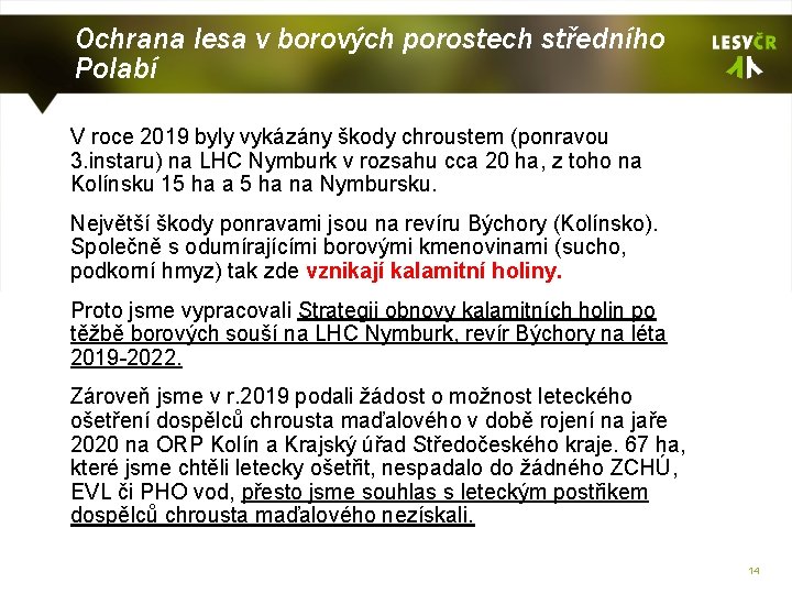 Ochrana lesa v borových porostech středního Polabí V roce 2019 byly vykázány škody chroustem