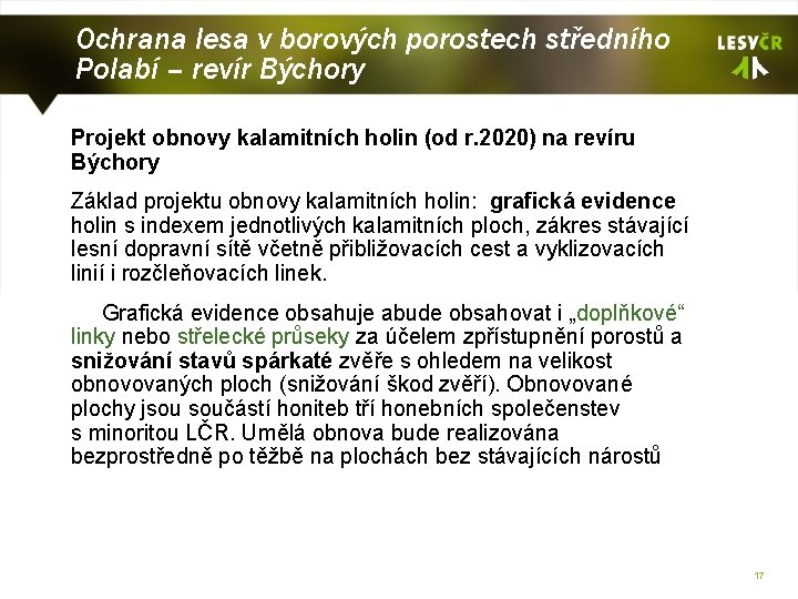 Ochrana lesa v borových porostech středního Polabí – revír Býchory Projekt obnovy kalamitních holin