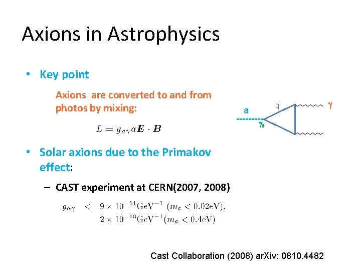 Axions in Astrophysics • Key point Axions are converted to and from photos by