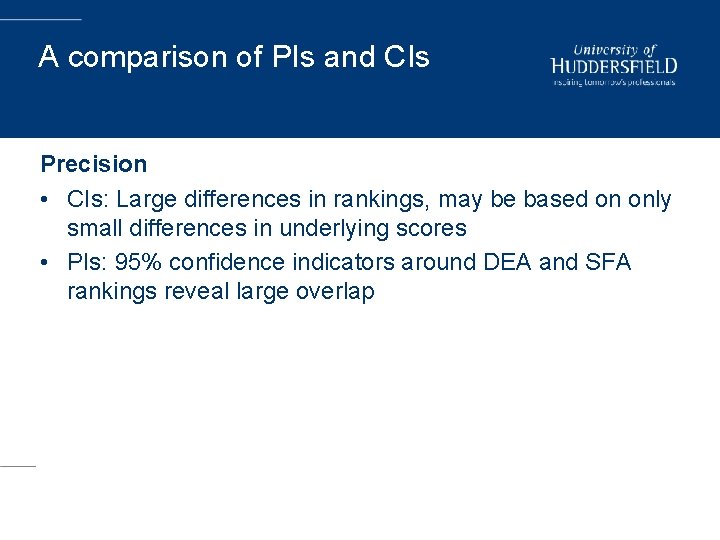 A comparison of PIs and CIs Precision • CIs: Large differences in rankings, may