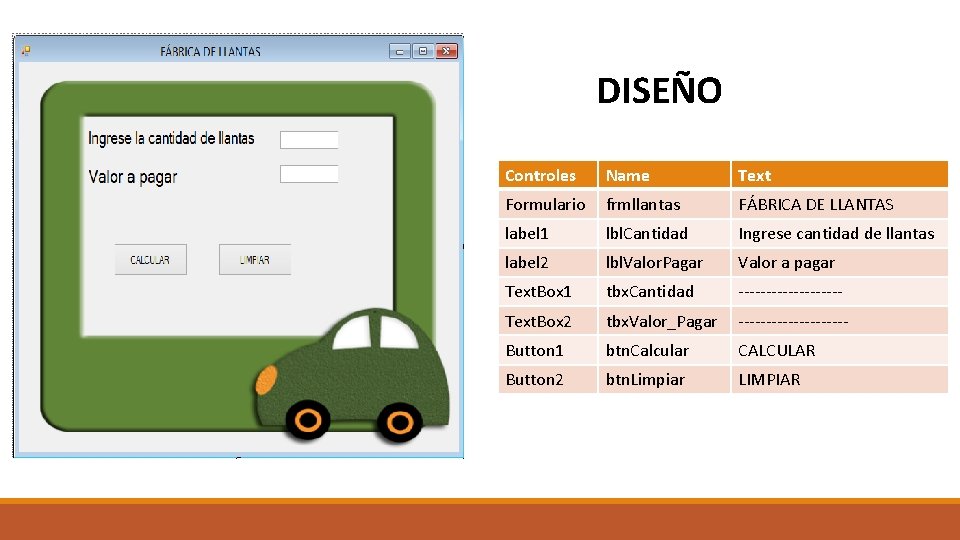 DISEÑO Controles Name Text Formulario frmllantas FÁBRICA DE LLANTAS label 1 lbl. Cantidad Ingrese