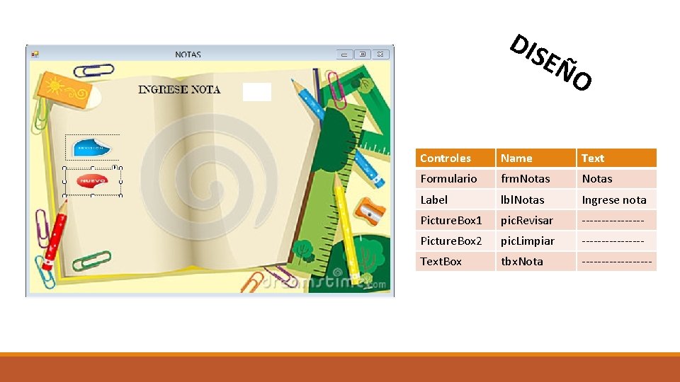 DIS E ÑO Controles Name Text Formulario frm. Notas Label lbl. Notas Ingrese nota