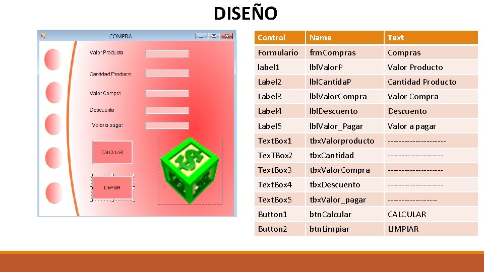DISEÑO Control Name Text Formulario frm. Compras label 1 lbl. Valor. P Valor Producto