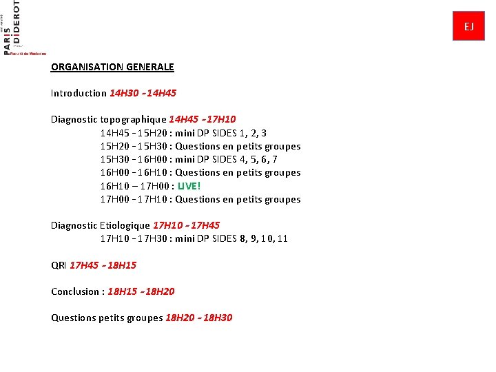 EJ ORGANISATION GENERALE Introduction 14 H 30 – 14 H 45 Diagnostic topographique 14