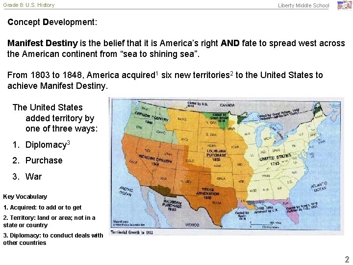 Grade 8: U. S. History Liberty Middle School Concept Development: Manifest Destiny is the