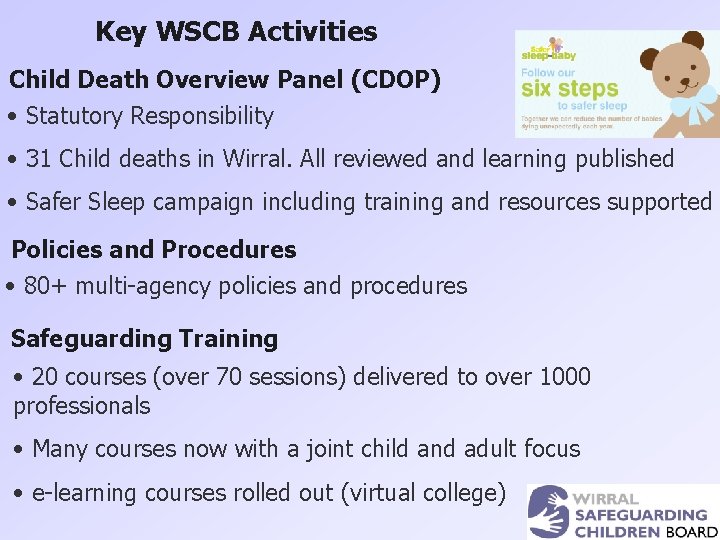 Key WSCB Activities Child Death Overview Panel (CDOP) • Statutory Responsibility • 31 Child