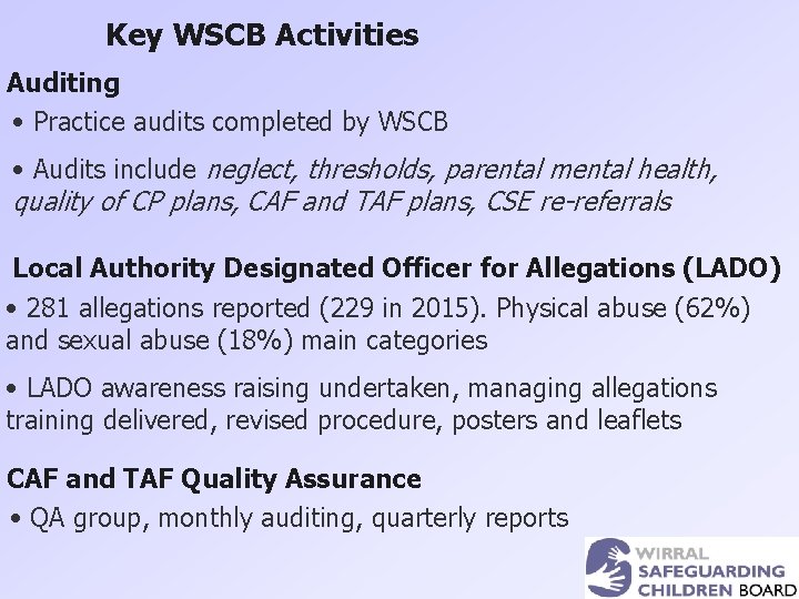 Key WSCB Activities Auditing • Practice audits completed by WSCB • Audits include neglect,