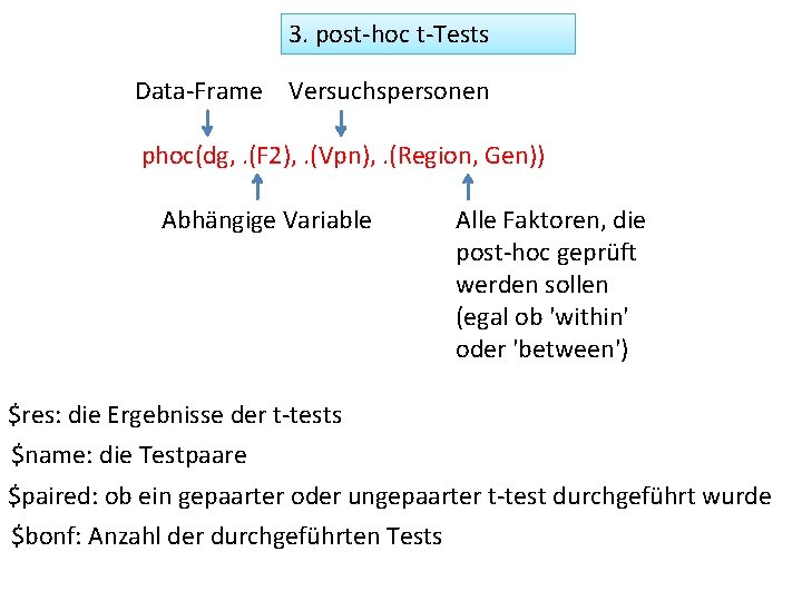 3. post-hoc t-Tests Data-Frame Versuchspersonen phoc(dg, . (F 2), . (Vpn), . (Region, Gen))