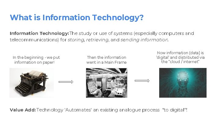 What is Information Technology? Information Technology: The study or use of systems (especially computers