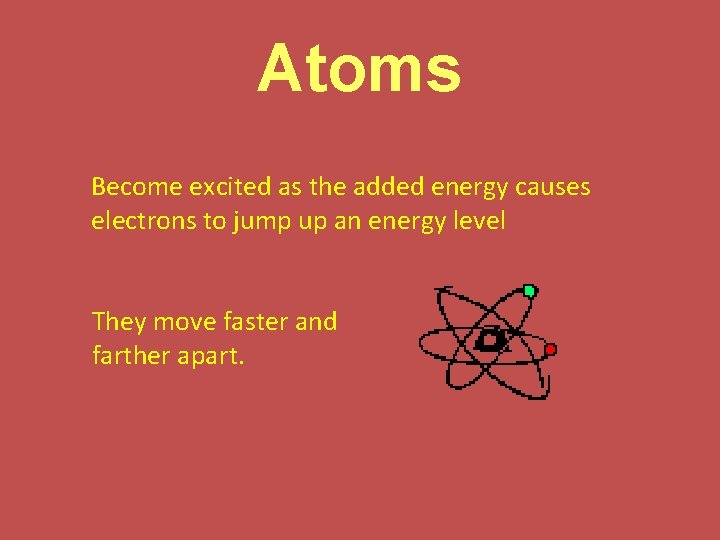 Atoms Become excited as the added energy causes electrons to jump up an energy