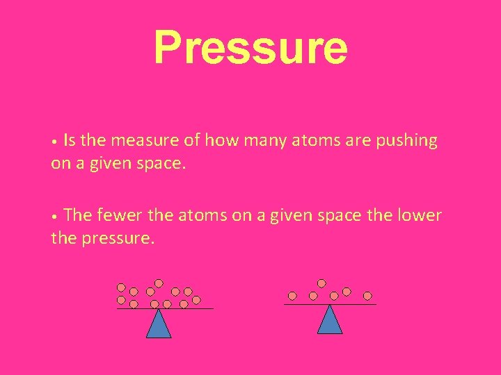 Pressure Is the measure of how many atoms are pushing on a given space.