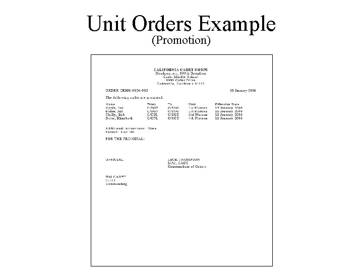 Unit Orders Example (Promotion) 