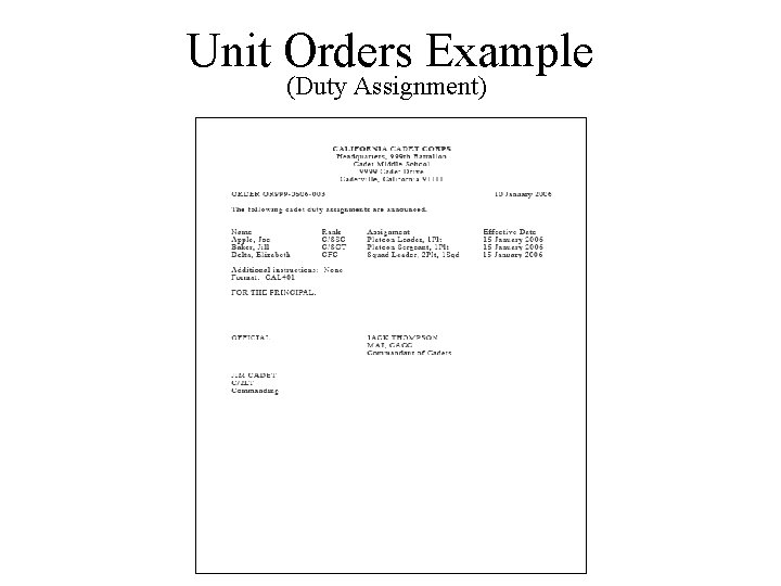 Unit Orders Example (Duty Assignment) 