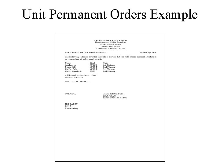Unit Permanent Orders Example 