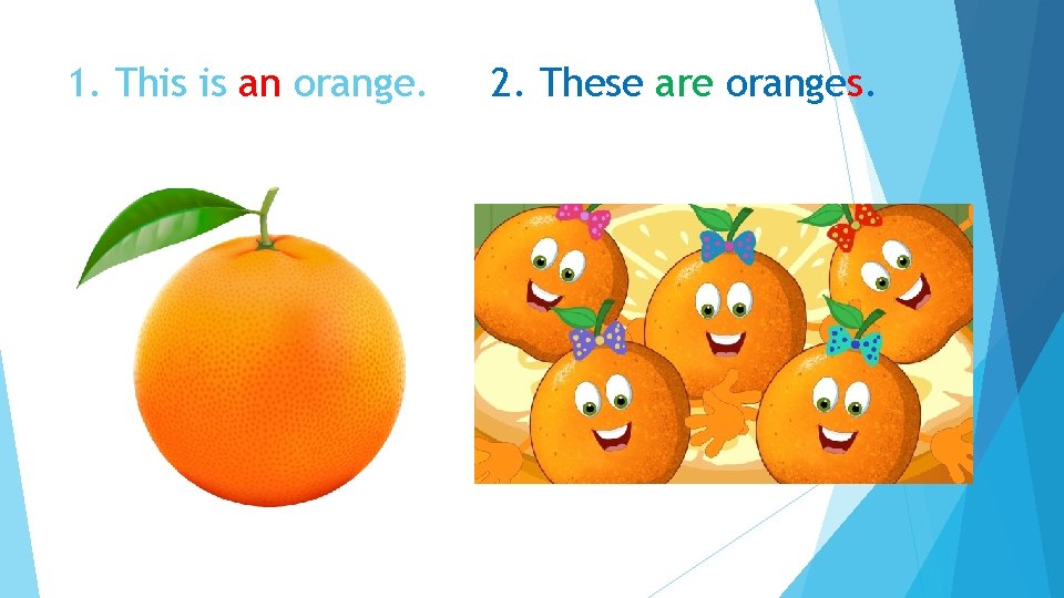 1. This is an orange. 2. These are oranges. 