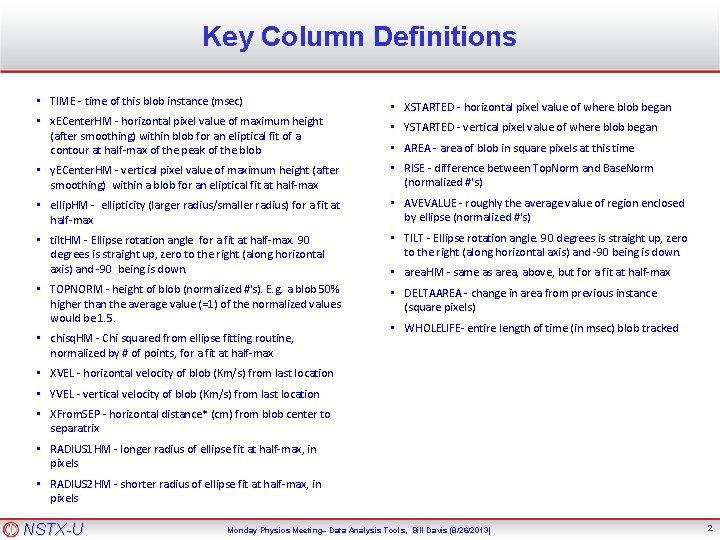 Key Column Definitions • TIME - time of this blob instance (msec) • x.