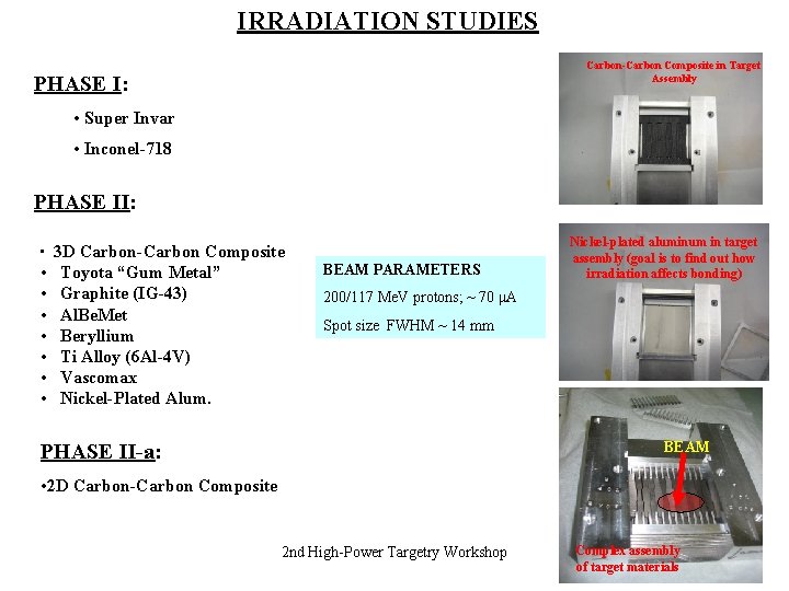 IRRADIATION STUDIES Carbon-Carbon Composite in Target Assembly PHASE I: • Super Invar • Inconel-718