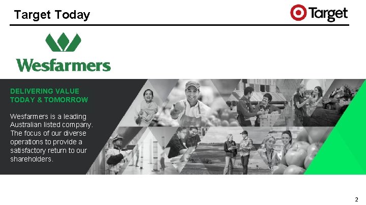 Target Today DELIVERING VALUE TODAY & TOMORROW Wesfarmers is a leading Australian listed company.