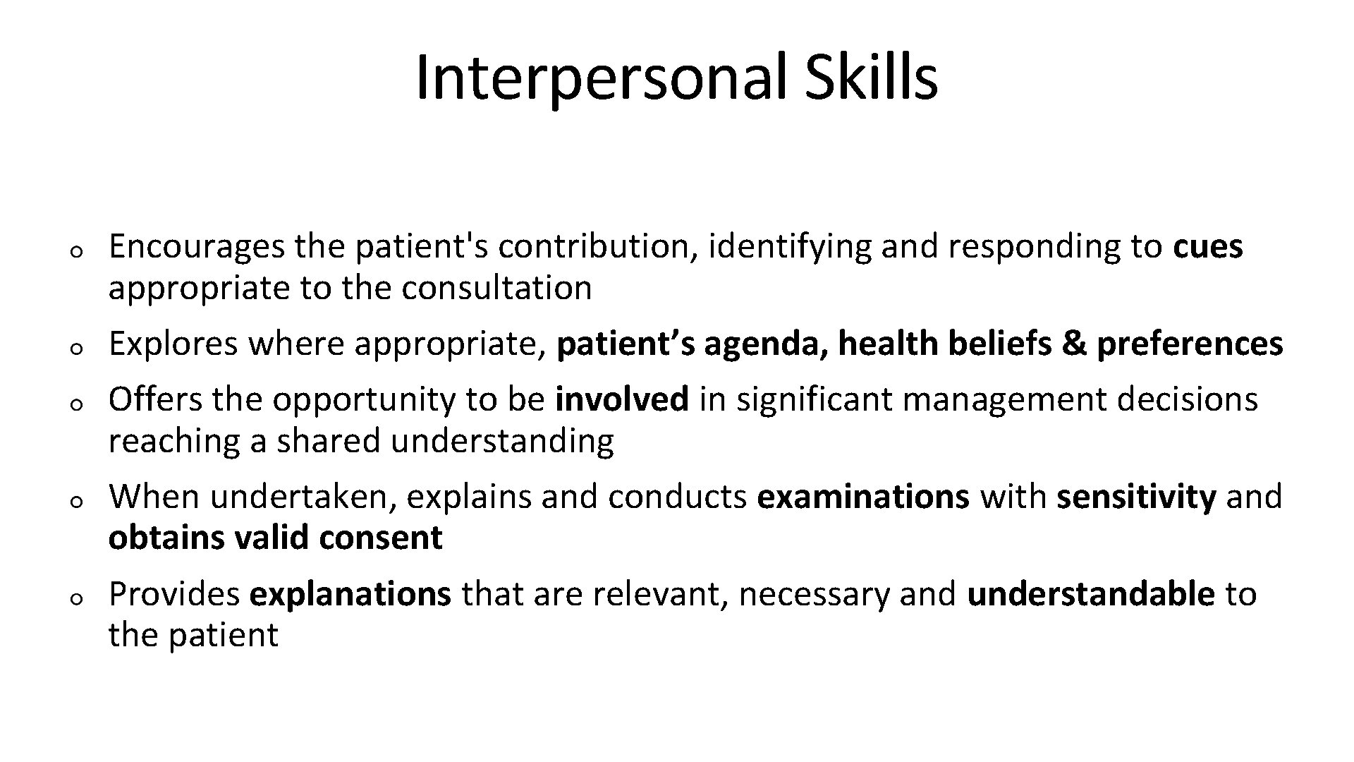 Interpersonal Skills Encourages the patient's contribution, identifying and responding to cues appropriate to the