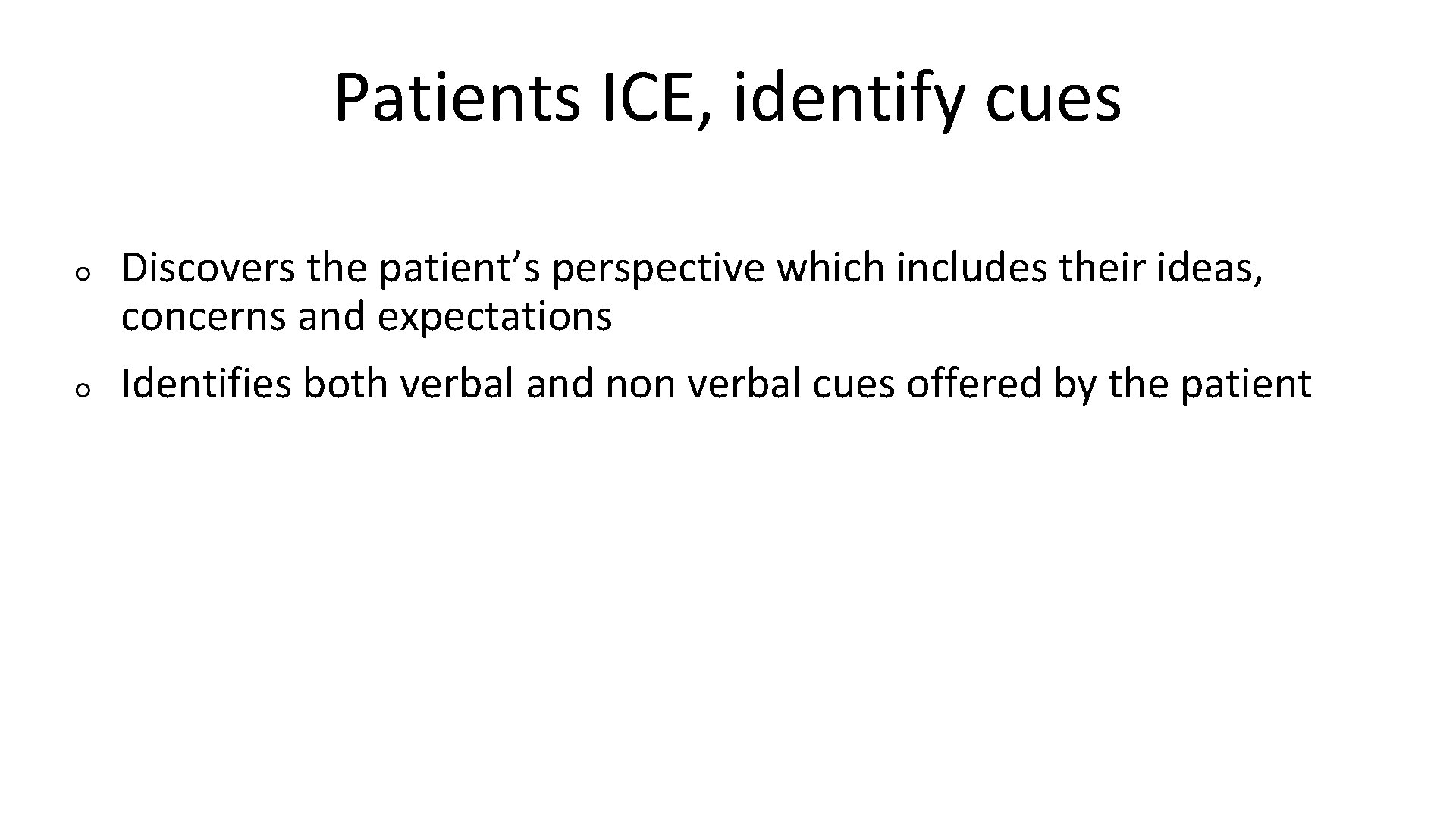 Patients ICE, identify cues Discovers the patient’s perspective which includes their ideas, concerns and