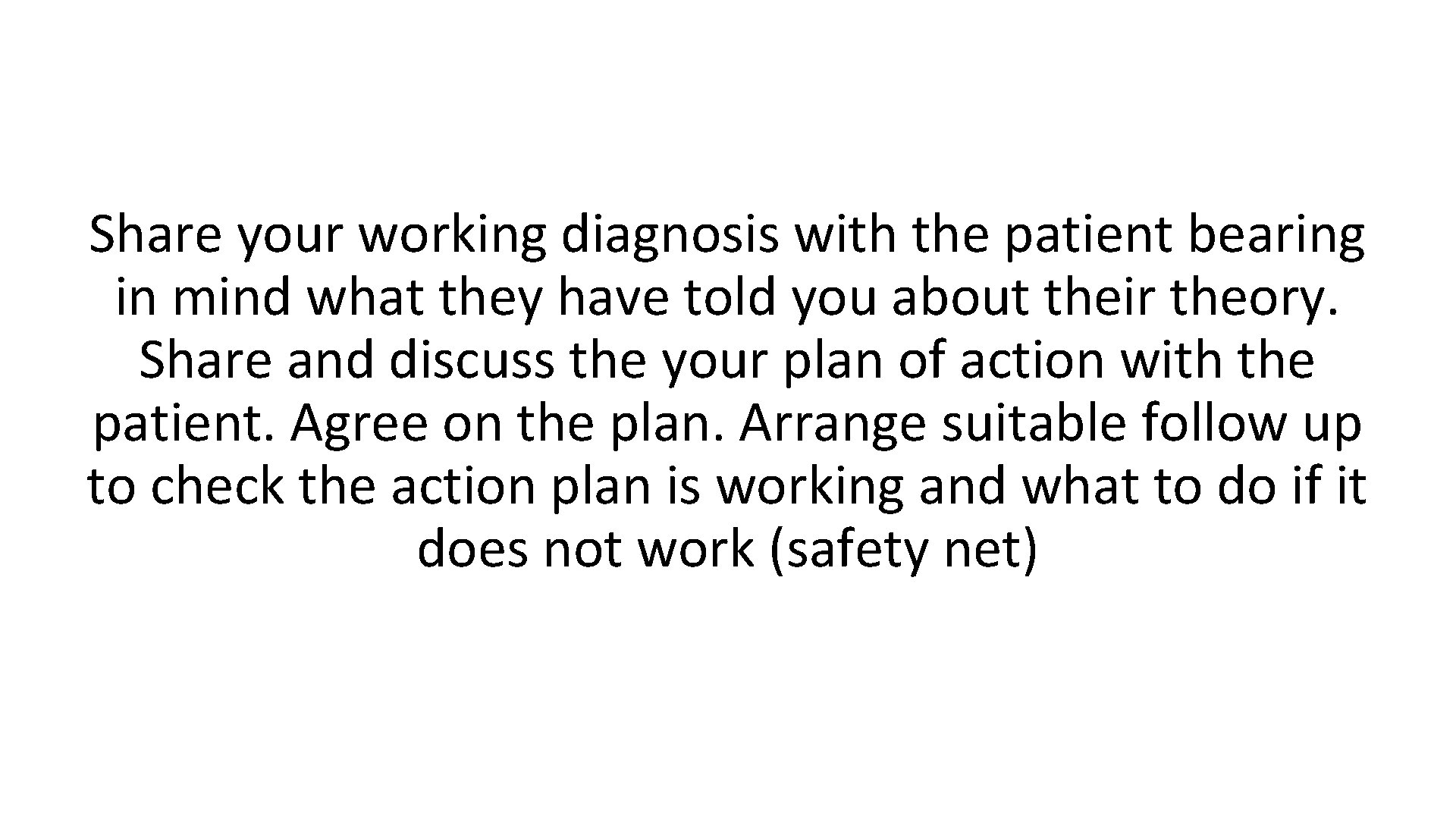Share your working diagnosis with the patient bearing in mind what they have told