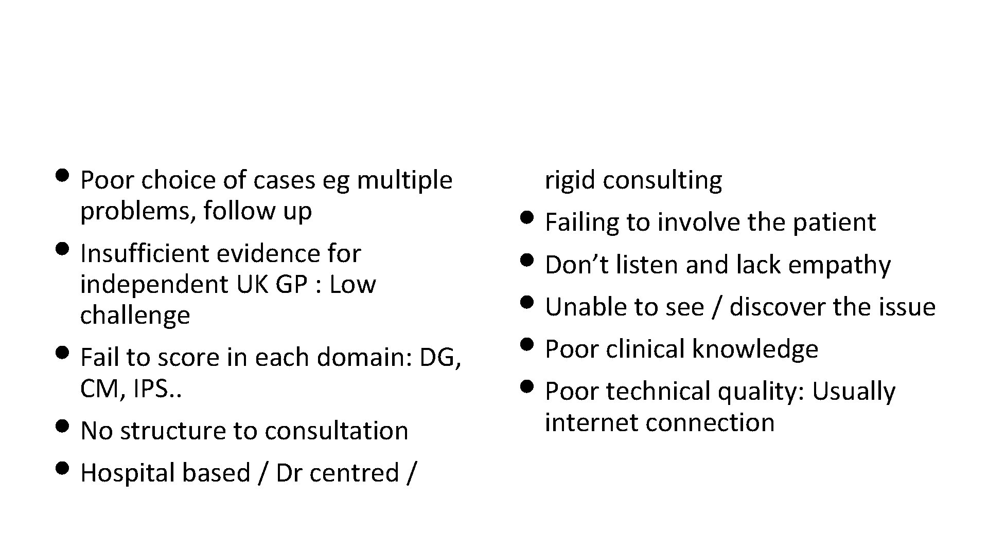  • Poor choice of cases eg multiple problems, follow up • Insufficient evidence