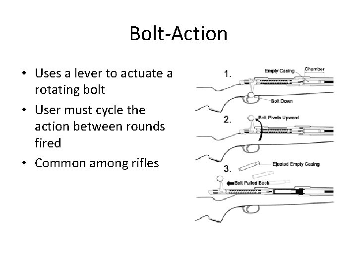 Bolt-Action • Uses a lever to actuate a rotating bolt • User must cycle