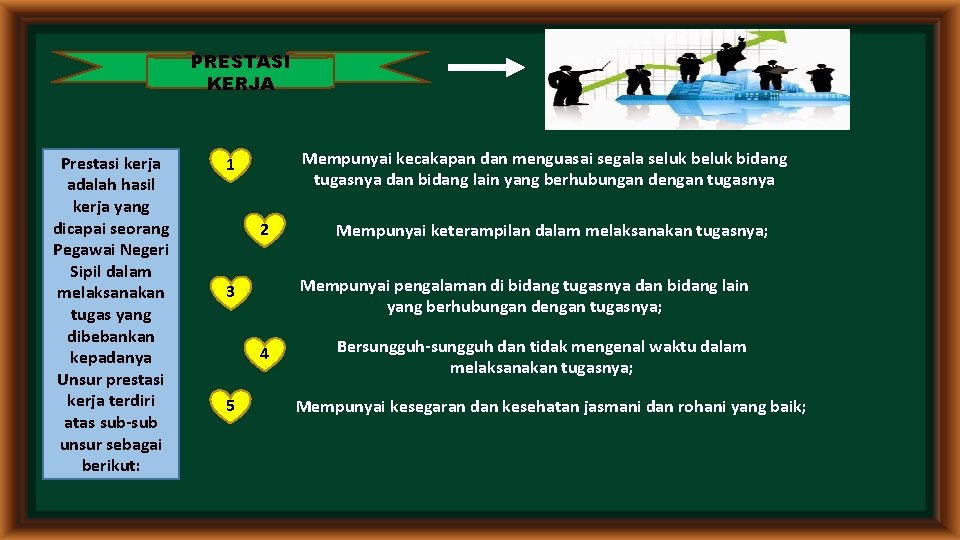 PRESTASI KERJA Prestasi kerja adalah hasil kerja yang dicapai seorang Pegawai Negeri Sipil dalam