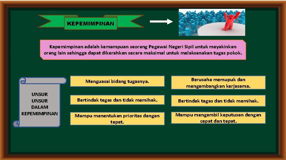 KEPEMIMPINAN Kepemimpinan adalah kemampuan seorang Pegawai Negeri Sipil untuk meyakinkan orang lain sehingga dapat