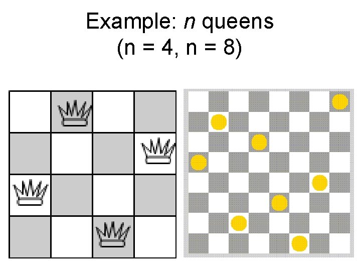 Example: n queens (n = 4, n = 8) 