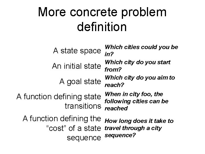 More concrete problem definition A state space An initial state A goal state A