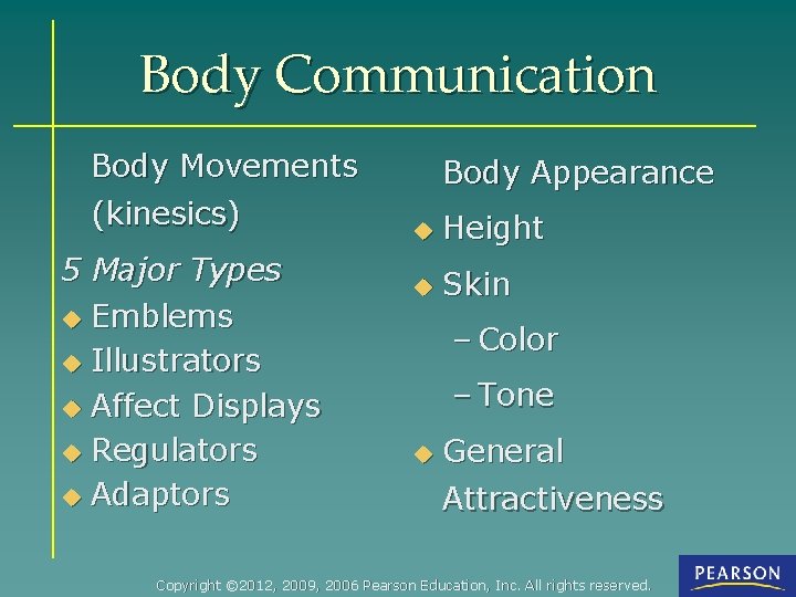 Body Communication Body Movements (kinesics) 5 Major Types u Emblems u Illustrators u Affect