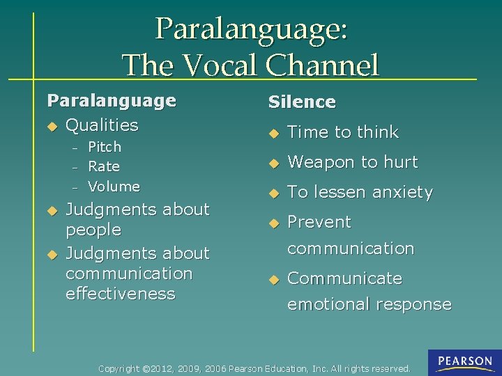 Paralanguage: The Vocal Channel Paralanguage u Qualities – – – u u Pitch Rate