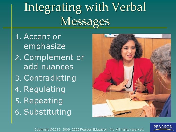 Integrating with Verbal Messages 1. Accent or emphasize 2. Complement or add nuances 3.