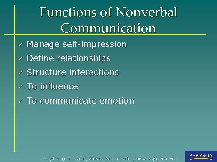 Functions of Nonverbal Communication ü Manage self-impression ü Define relationships ü Structure interactions ü