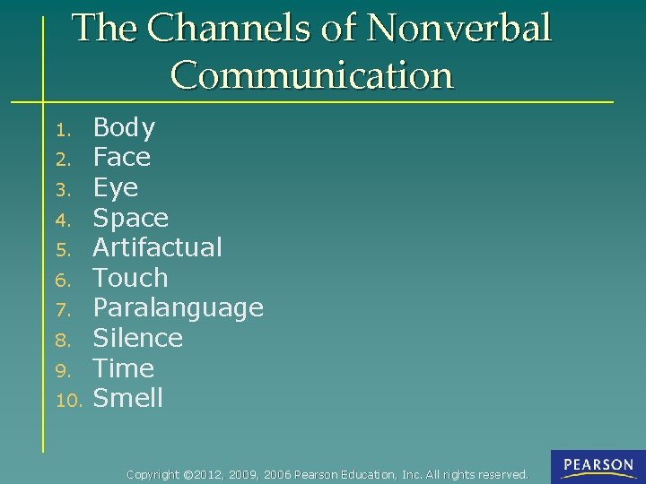 The Channels of Nonverbal Communication 1. 2. 3. 4. 5. 6. 7. 8. 9.