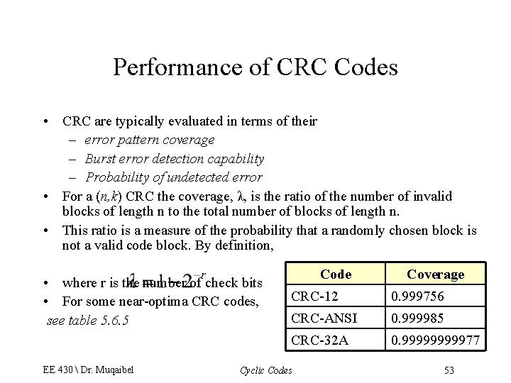 Performance of CRC Codes • CRC are typically evaluated in terms of their –