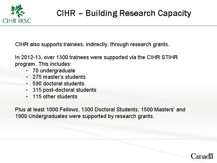 CIHR – Building Research Capacity CIHR also supports trainees, indirectly, through research grants. In